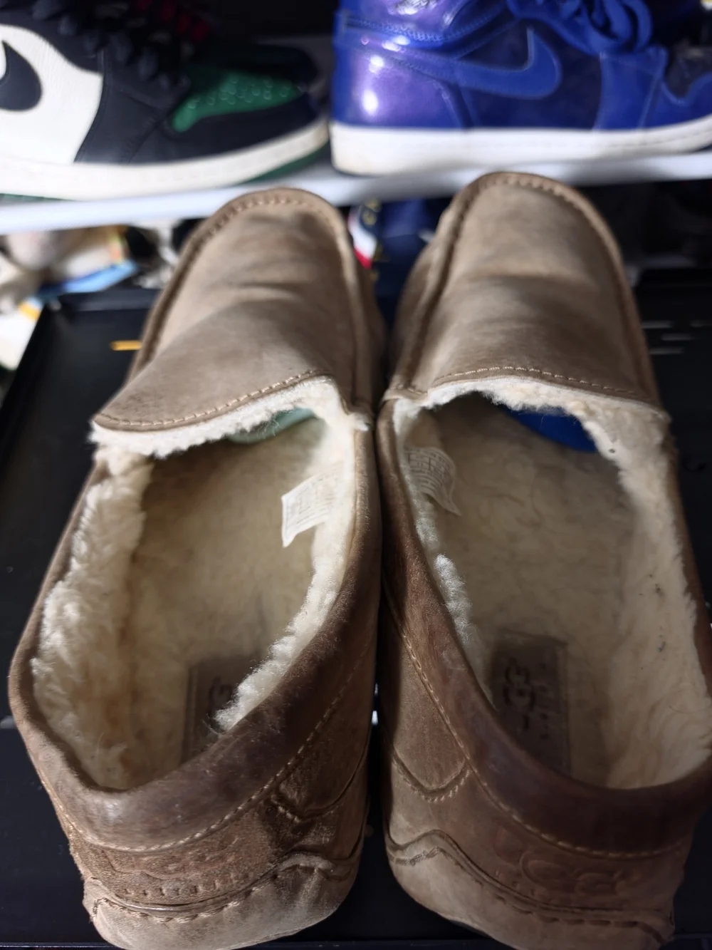 🔥 Men UGG Size 12 Sheepskin Brown Suede Shearling-Lined Slip-On Loafers